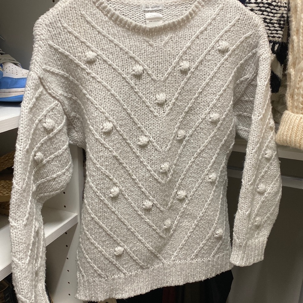 Zara Fancy Collection Ivory Off White Chevron Textured Pom Sweater